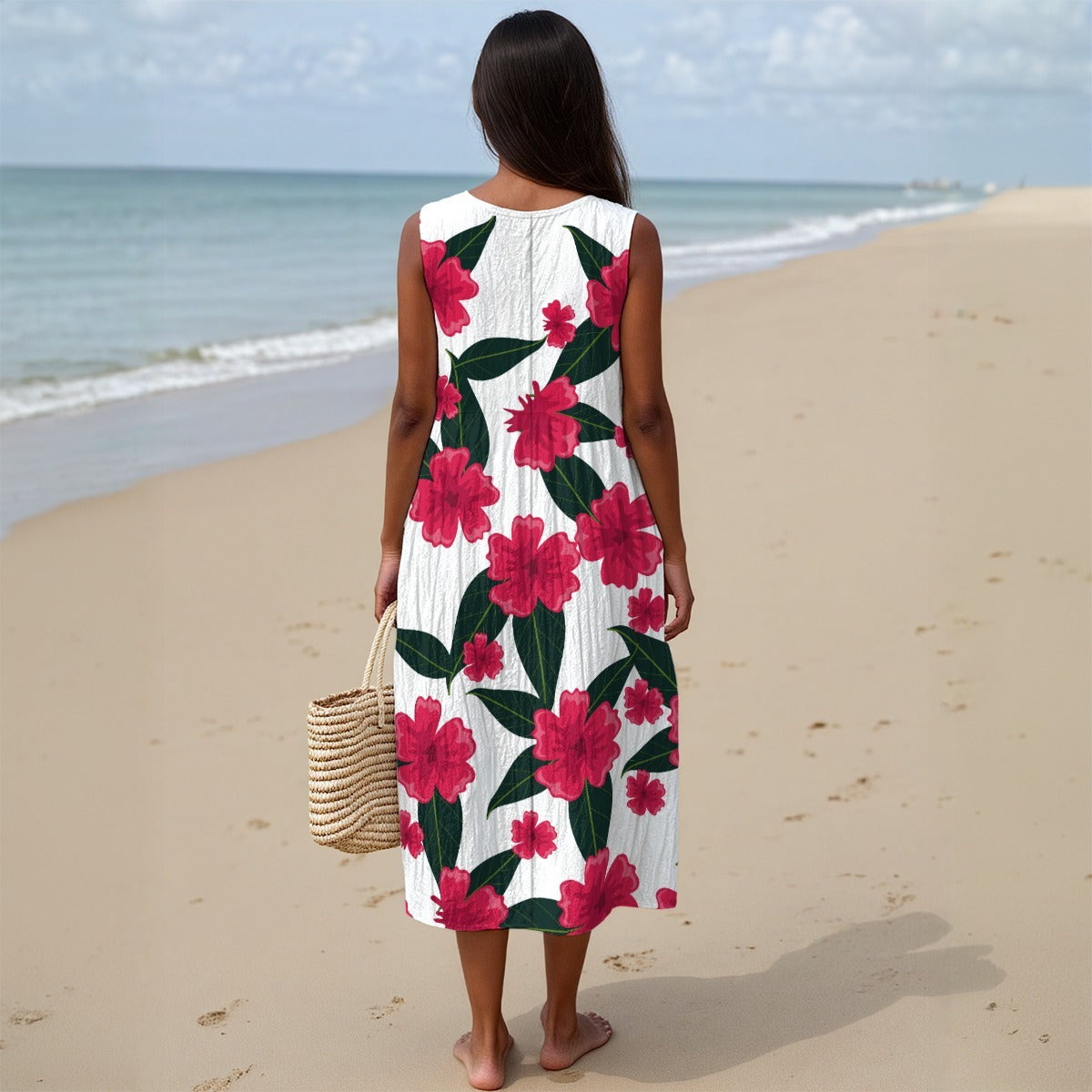 100% Cotton Red Flower Dress with Pockets - Small - 5XL