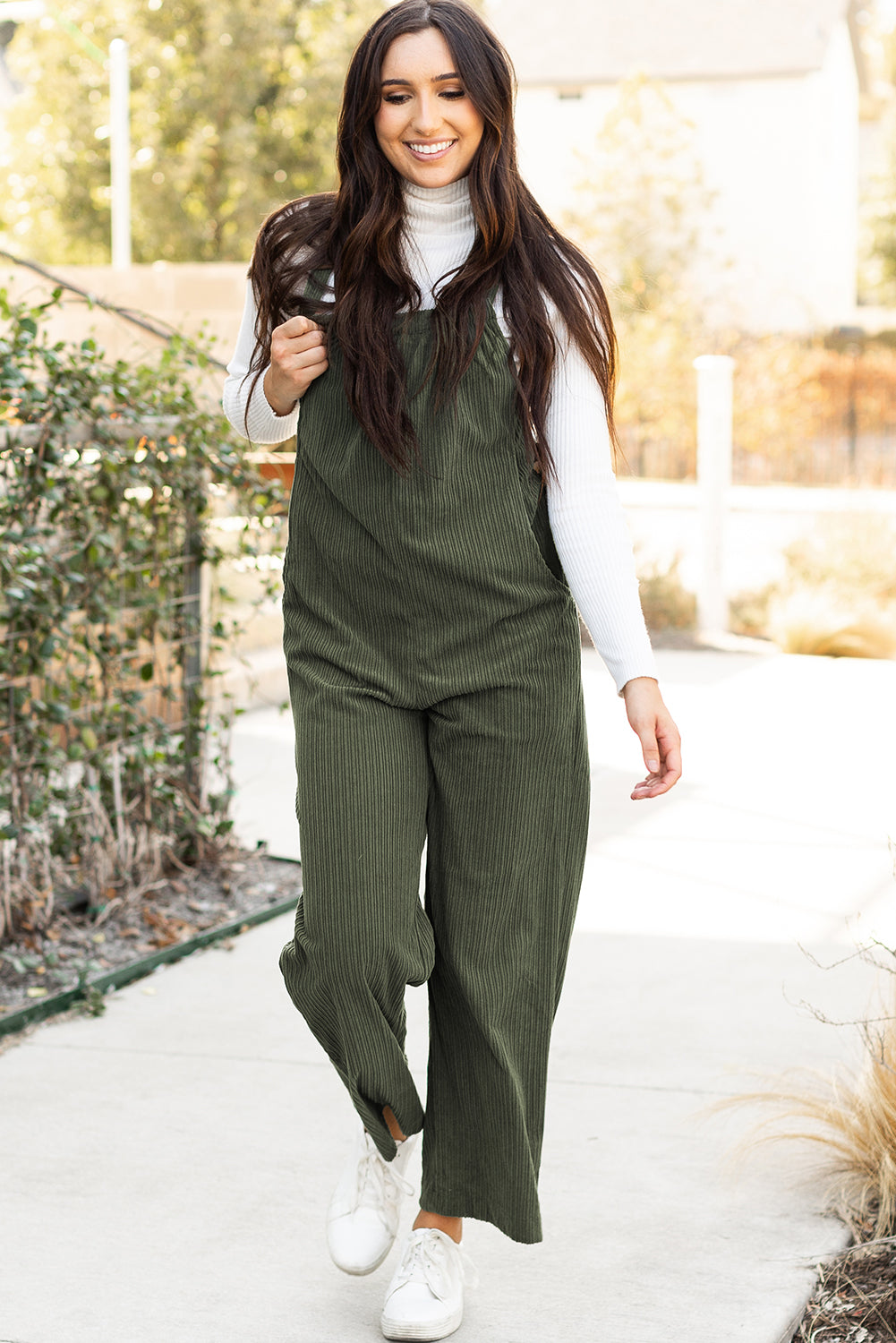 Black Solid Pocketed Loose Fit Corduroy Overall