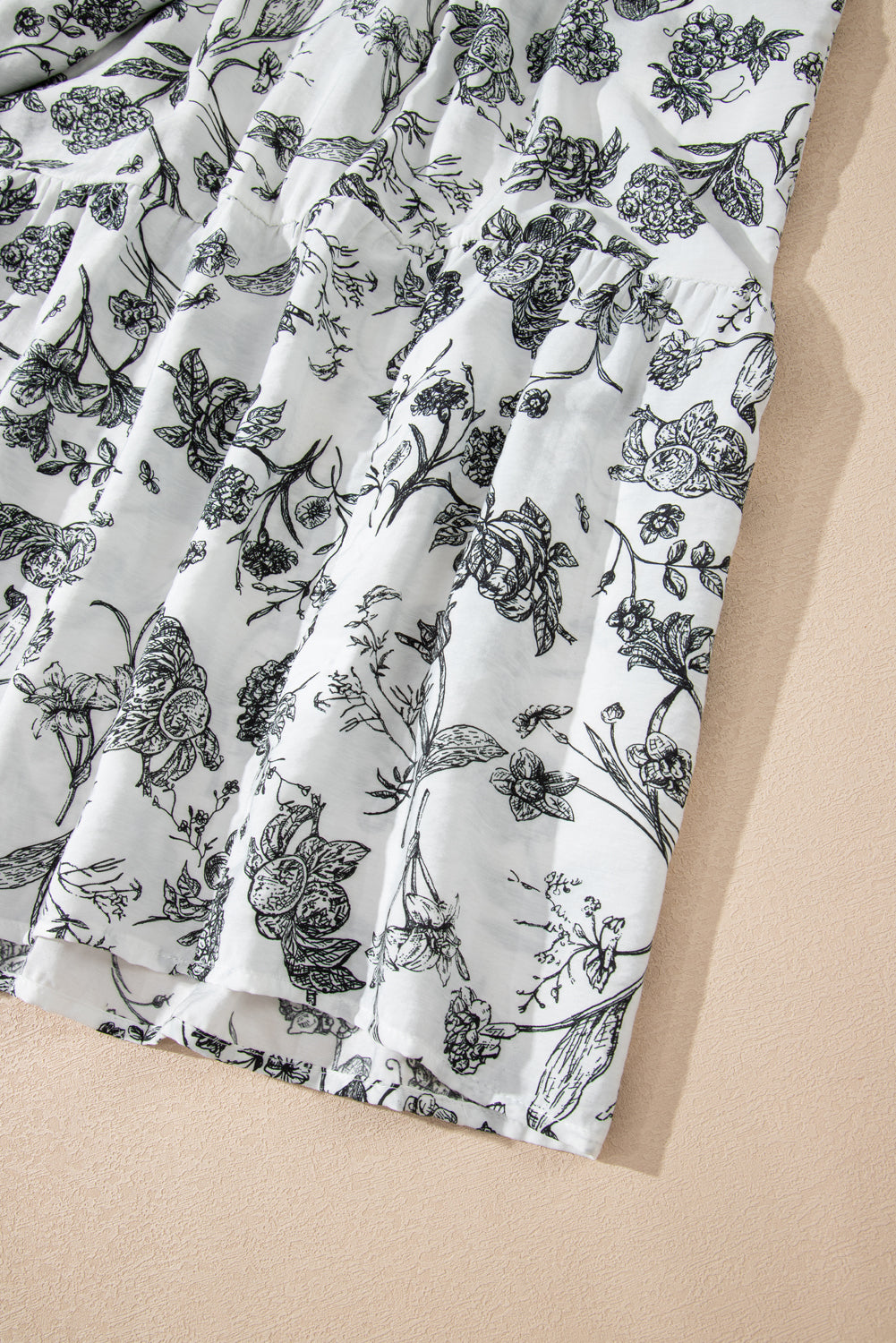 Black Floral Print Piping Trim Notched Neck Ruffle Sleeve Plus Size Long Dress