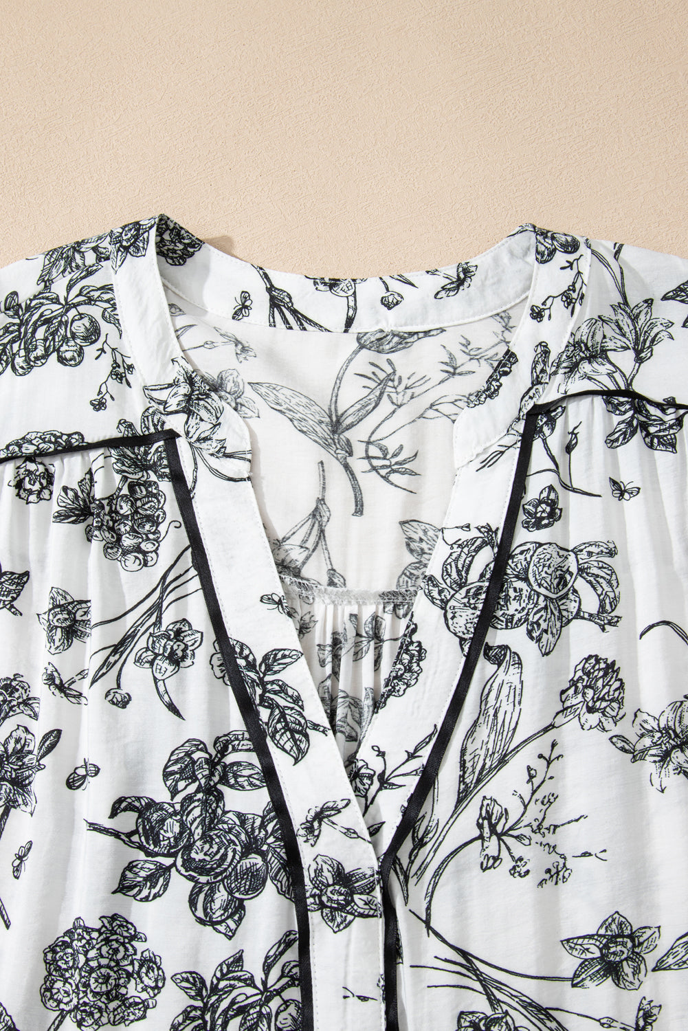 Black Floral Print Piping Trim Notched Neck Ruffle Sleeve Plus Size Long Dress