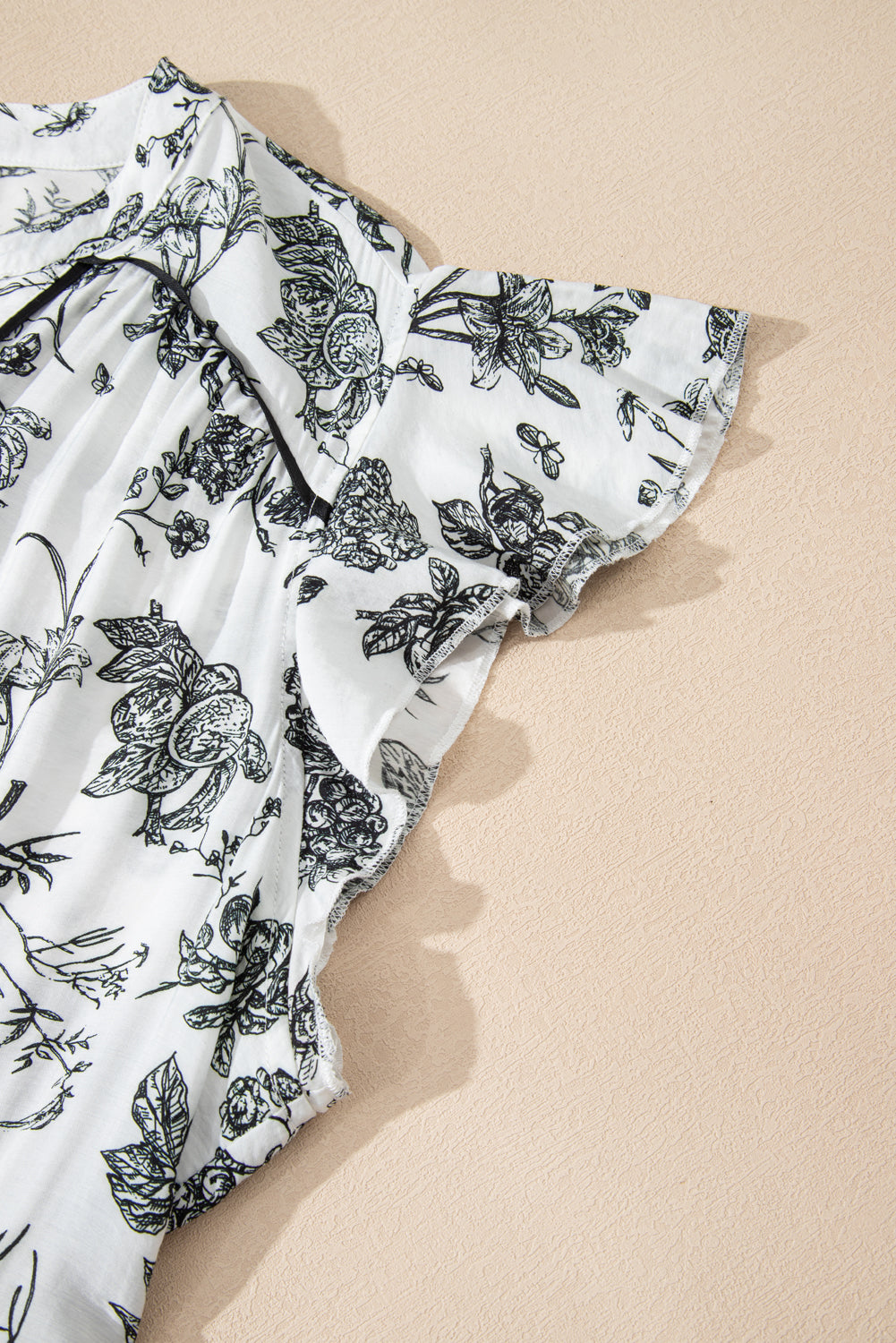 Black Floral Print Piping Trim Notched Neck Ruffle Sleeve Plus Size Long Dress