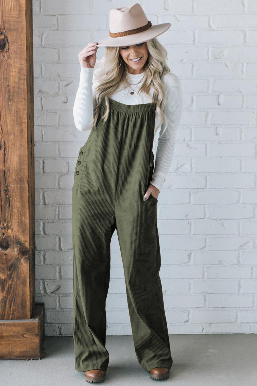 Black Solid Pocketed Loose Fit Corduroy Overall