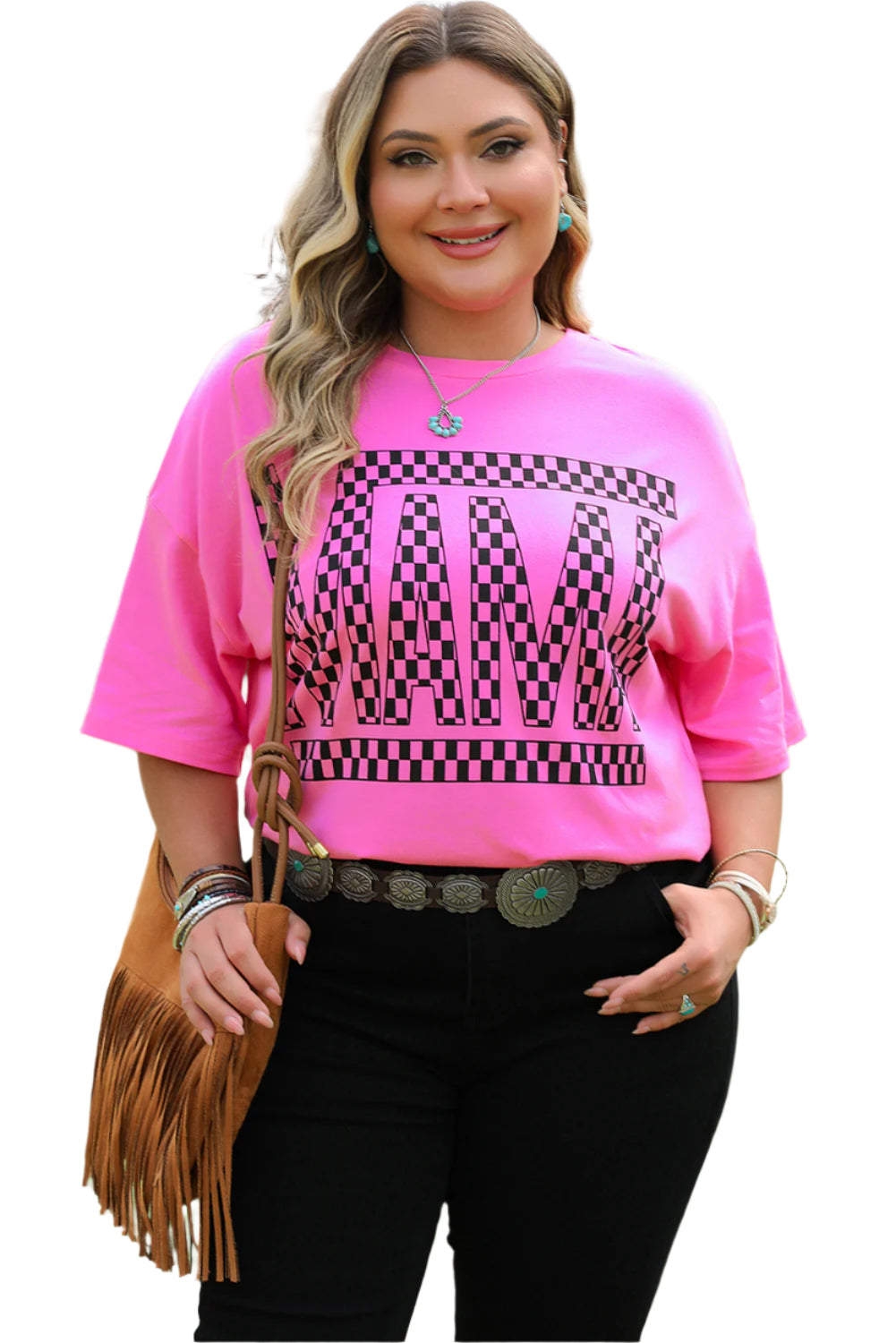 Bright Pink Checkered MAMA T-Shirt - 1X - 4X