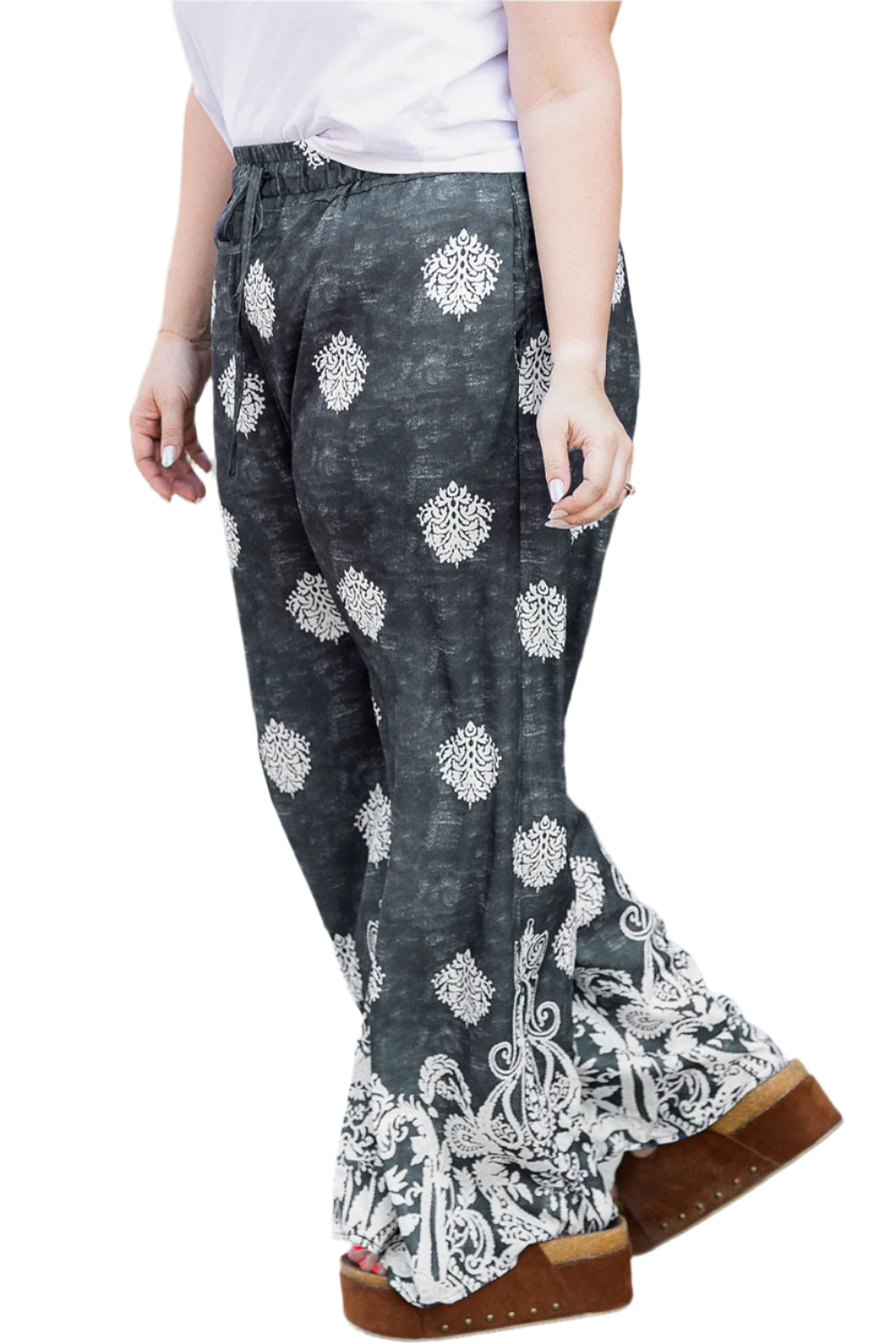 Grey Drawstring Wide Leg Pant - 1X - 4X