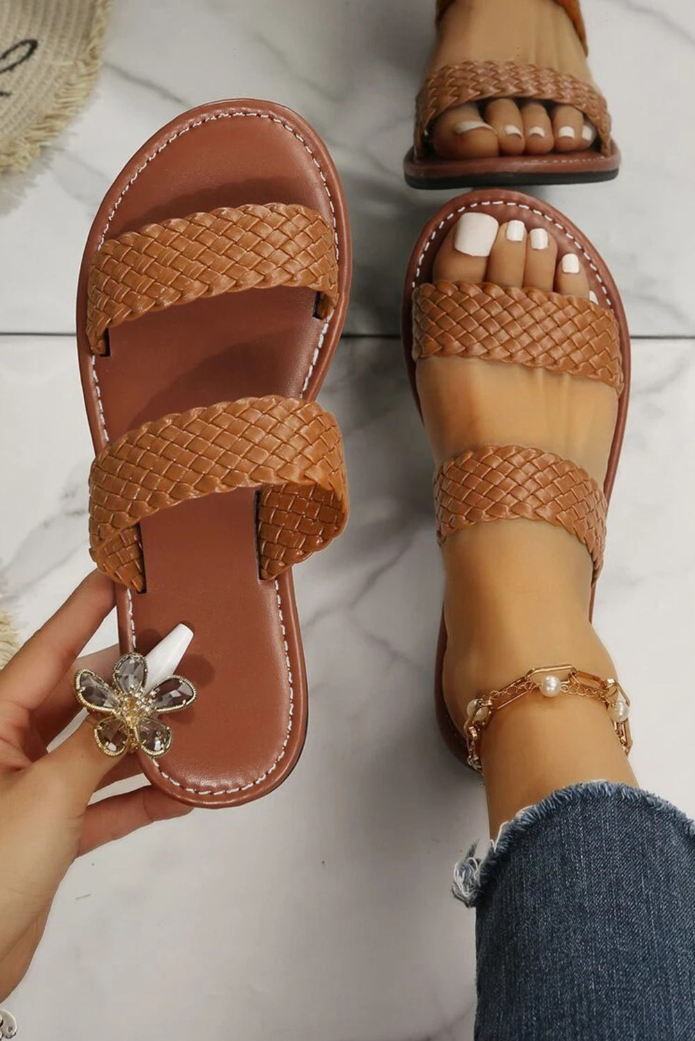 Chestnut Braided Double Band Leather Sandals
