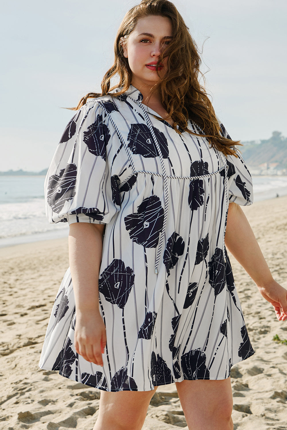 White with Black Flowers Dress - 1X - 4X