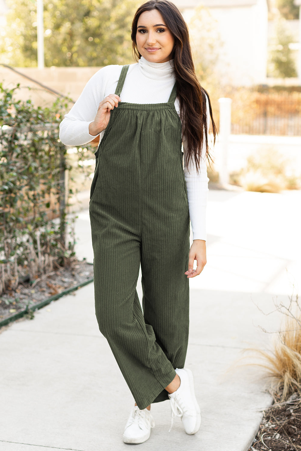 Black Solid Pocketed Loose Fit Corduroy Overall