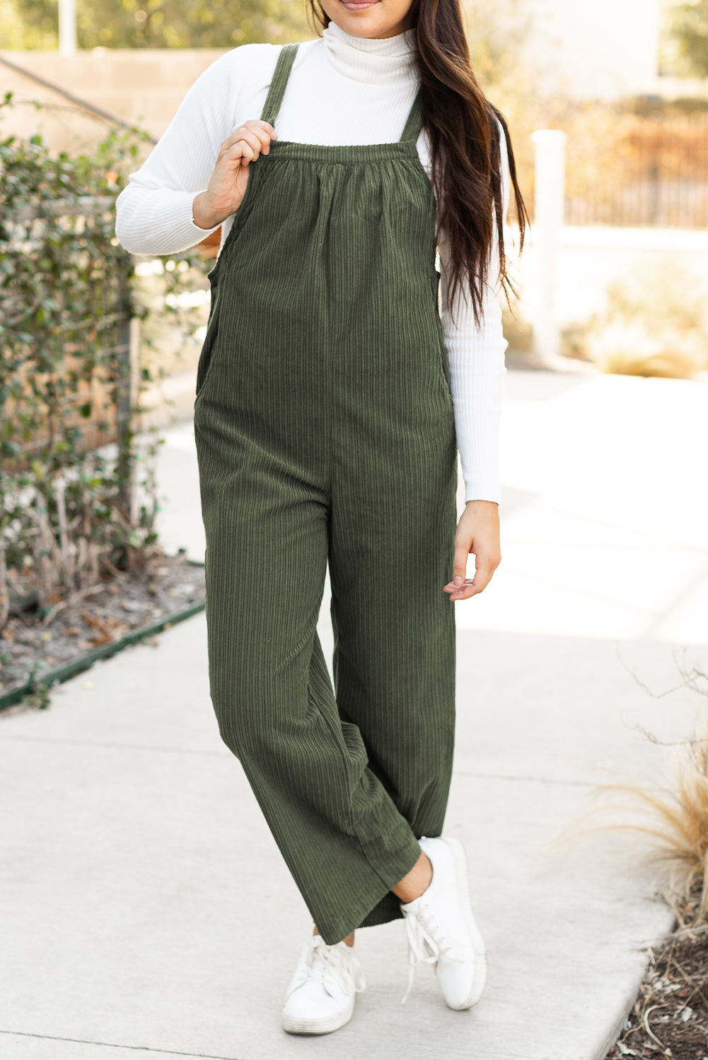 Black Solid Pocketed Loose Fit Corduroy Overall