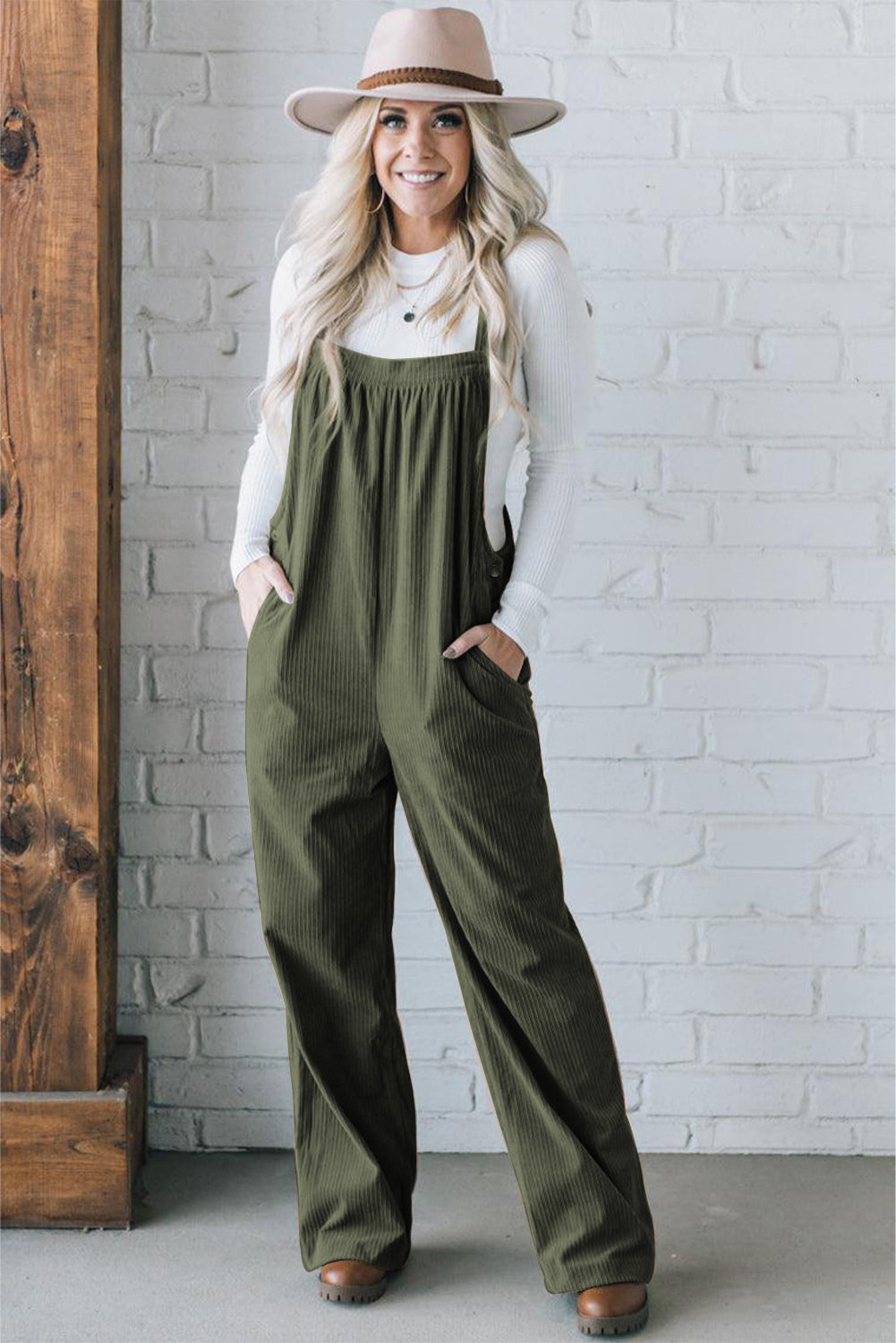 Black Solid Pocketed Loose Fit Corduroy Overall