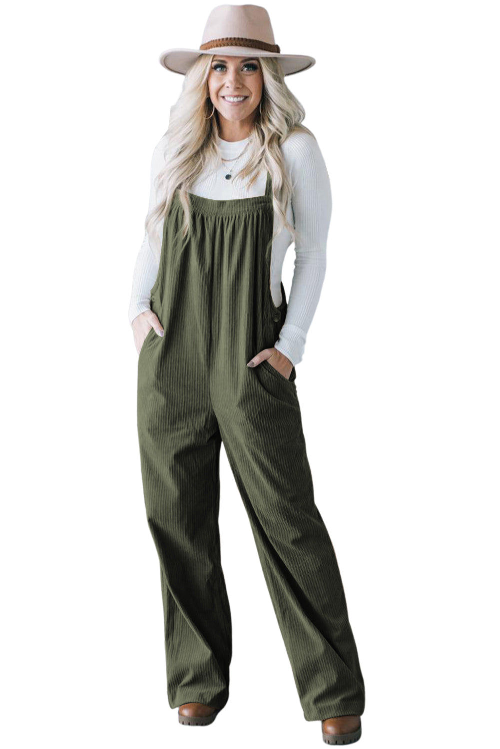 Black Solid Pocketed Loose Fit Corduroy Overall