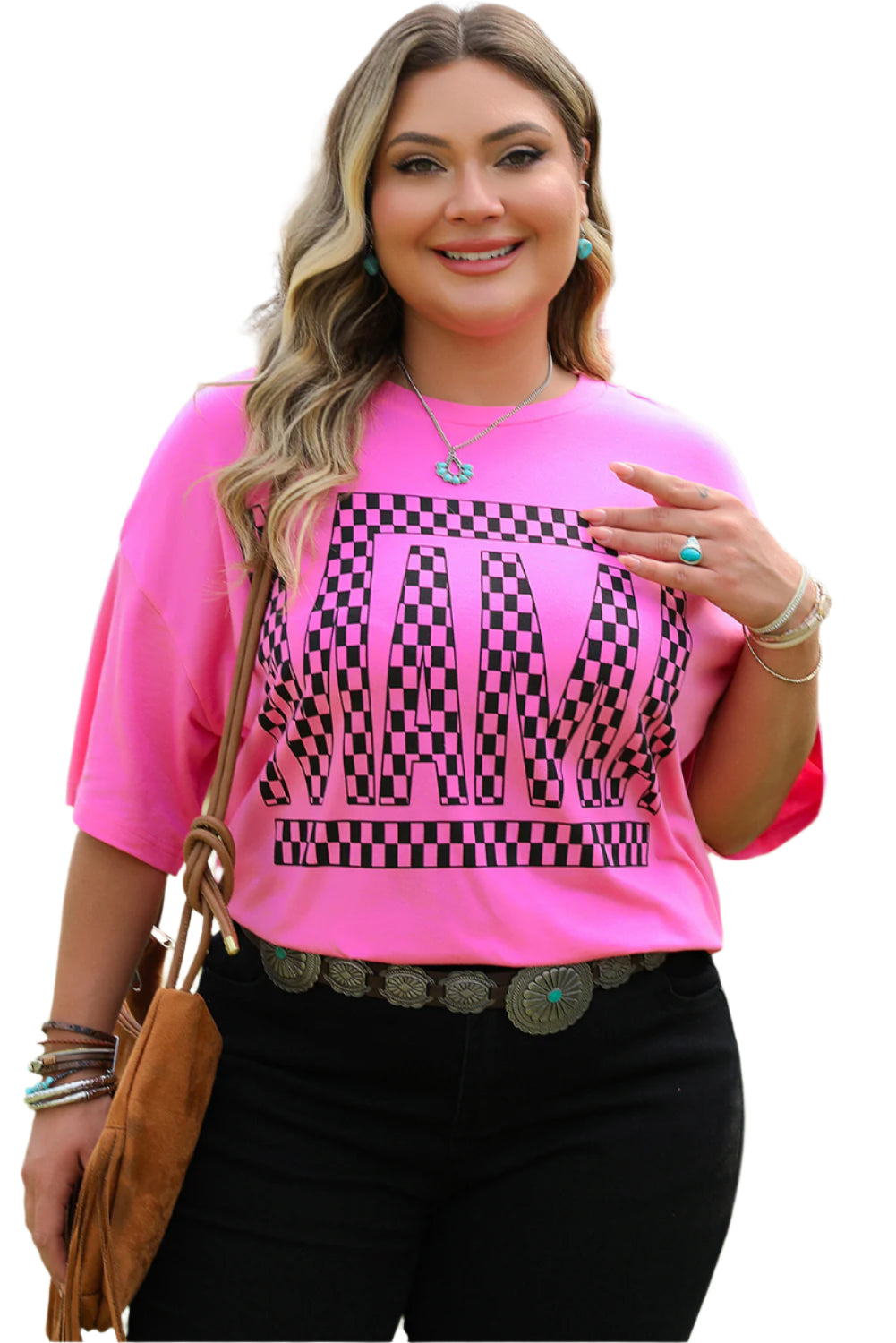 Bright Pink Checkered MAMA T-Shirt - 1X - 4X