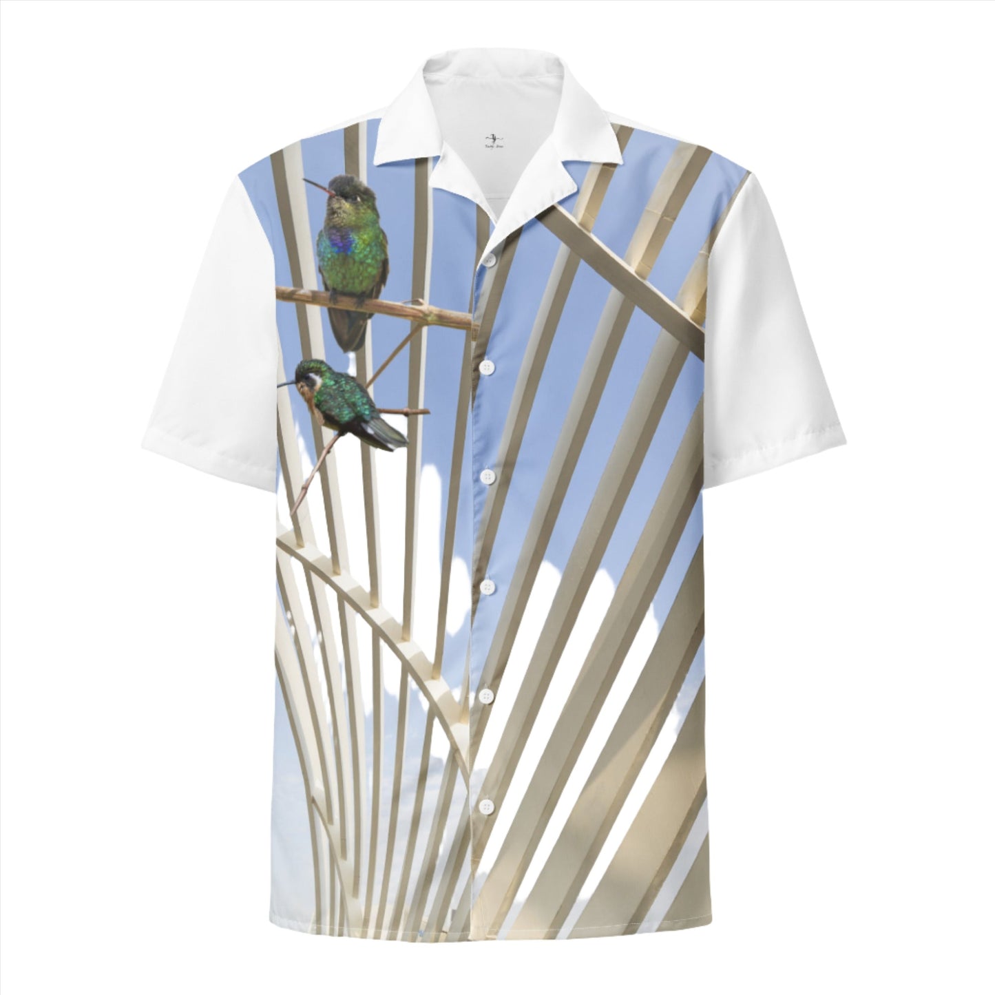 A short-sleeved men's shirt with a white collar and a design featuring two hummingbirds sitting on a branch against a blue sky background.
