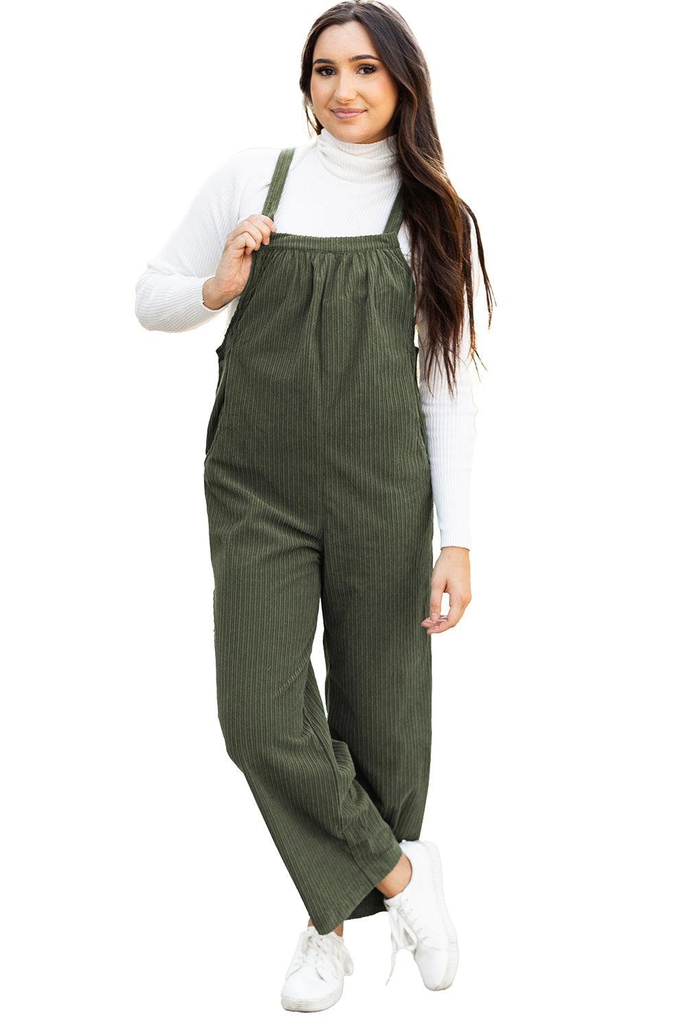 Black Solid Pocketed Loose Fit Corduroy Overall