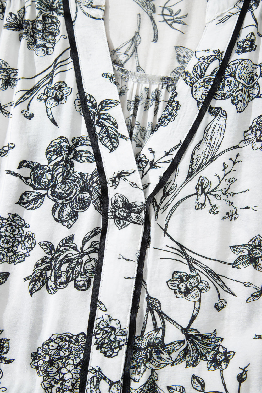 Black Floral Print Piping Trim Notched Neck Ruffle Sleeve Plus Size Long Dress