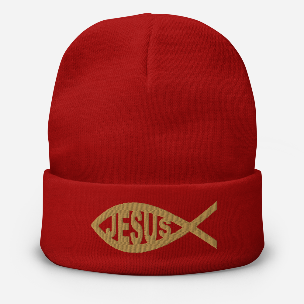 Jesus Embroidered Beanie - Gold