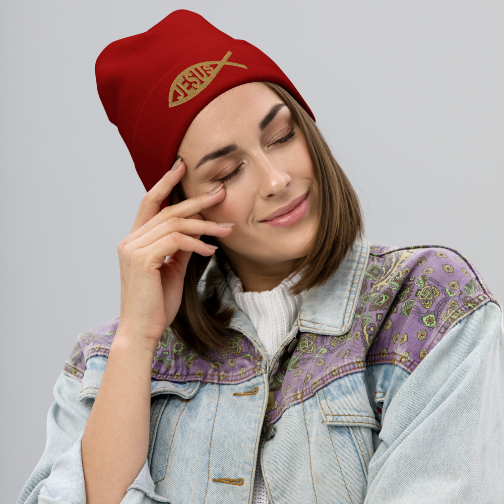 Jesus Embroidered Beanie - Gold