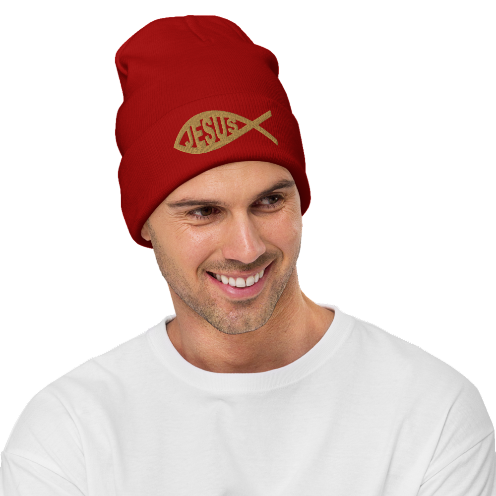 Jesus Embroidered Beanie - Gold