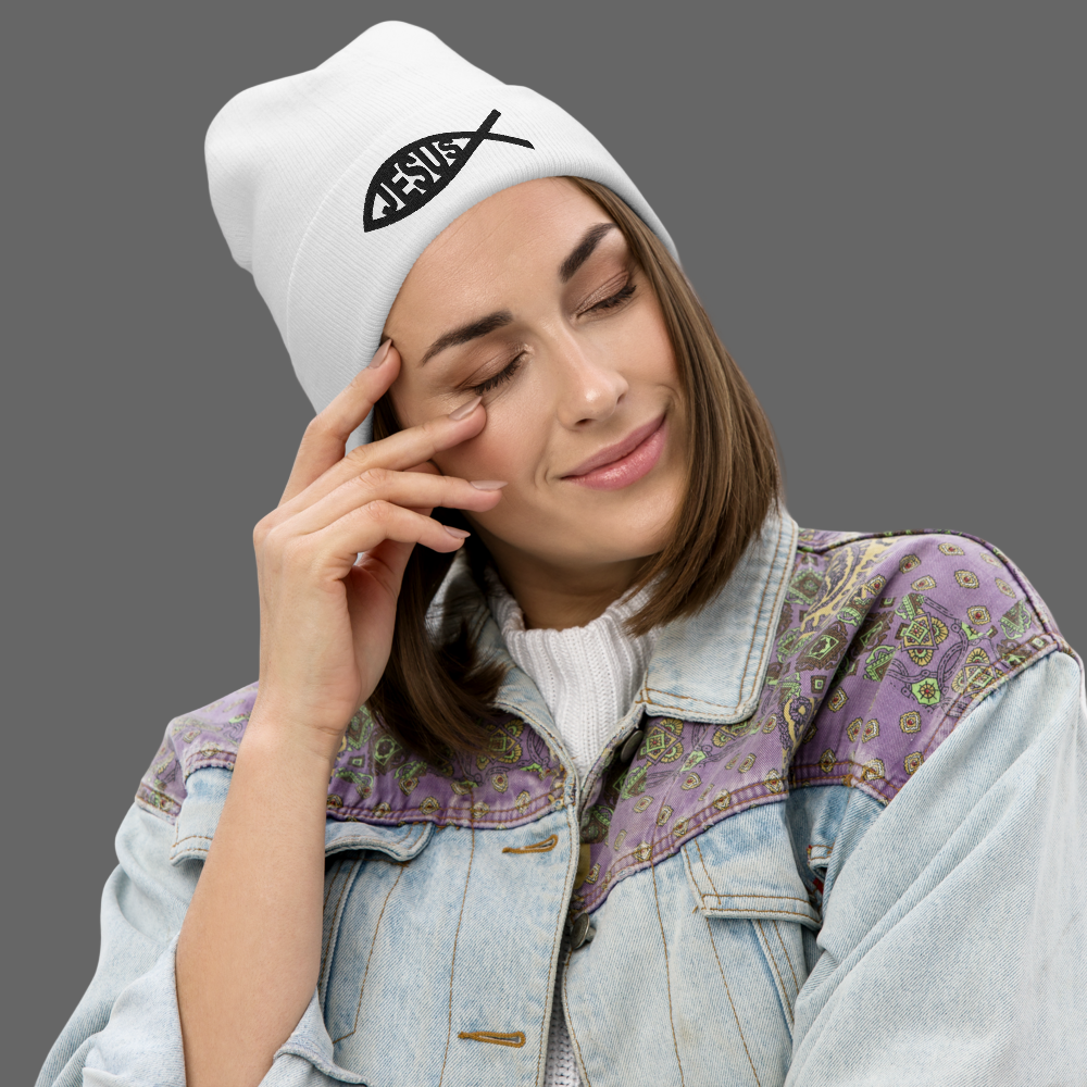 Jesus FISH Embroidered Beanie - White