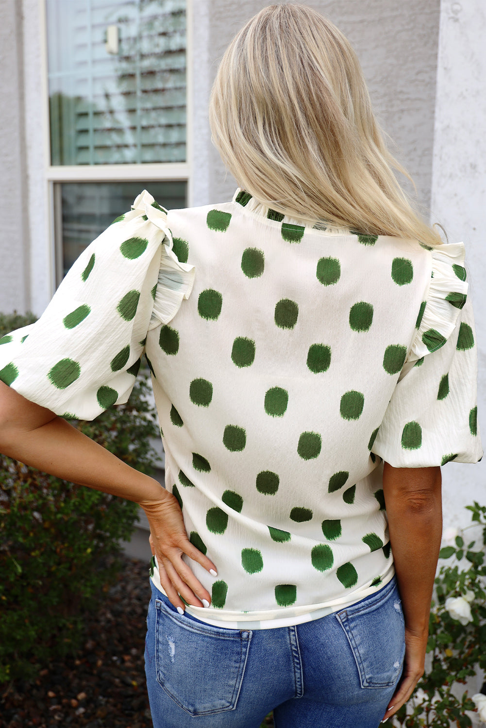 Black Polka Dot Print Shirred Yoke Notched Neck Balloon Sleeve Blouse