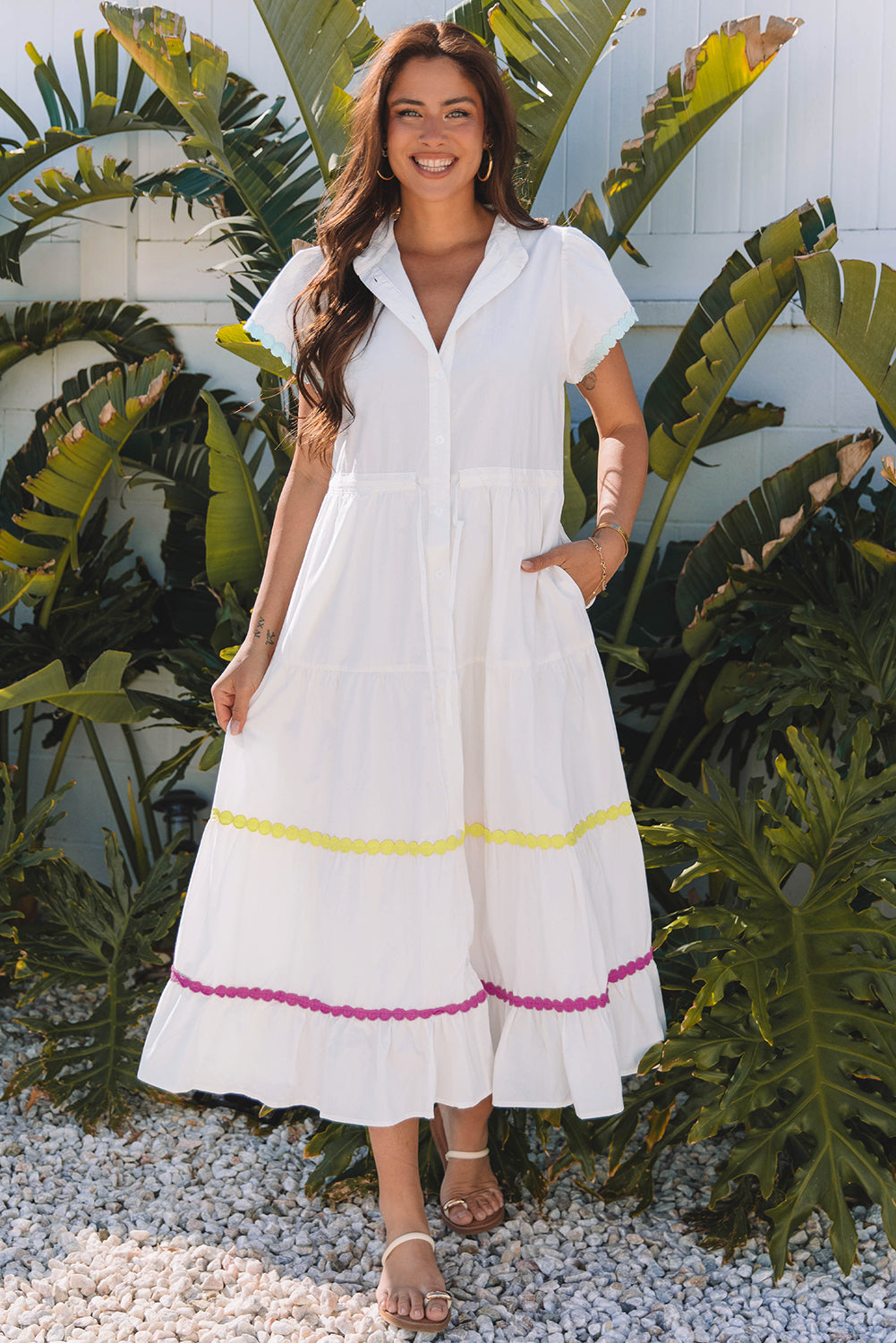100% Cotton White Rickrack Long Dress - Small - 1XL