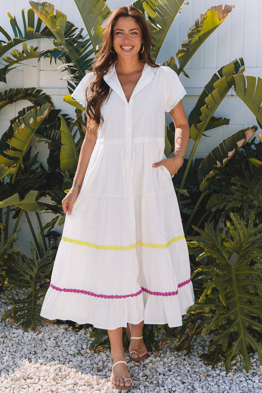 100% Cotton White Rickrack Long Dress - Small - 1XL
