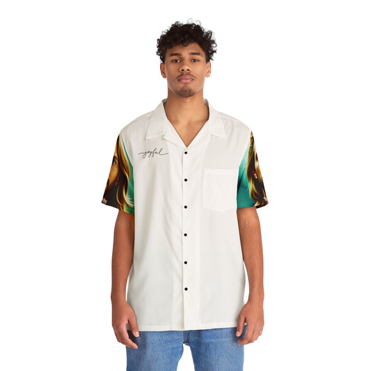 A person wearing a white button-up shirt with a design on the sleeve and a chest pocket.