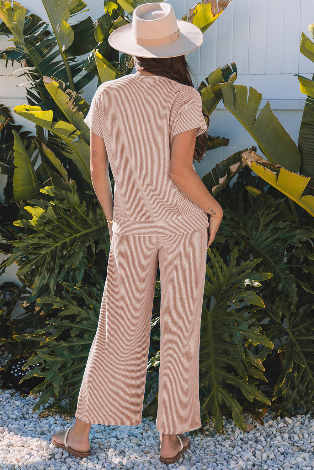 Solid Corded Knit T-Shirt and Pant Set - 5 Colors - Small - 1XL
