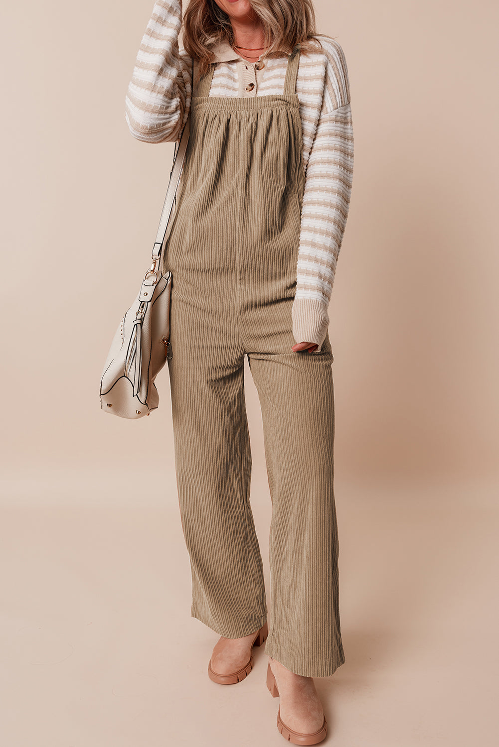 Black Solid Pocketed Loose Fit Corduroy Overall
