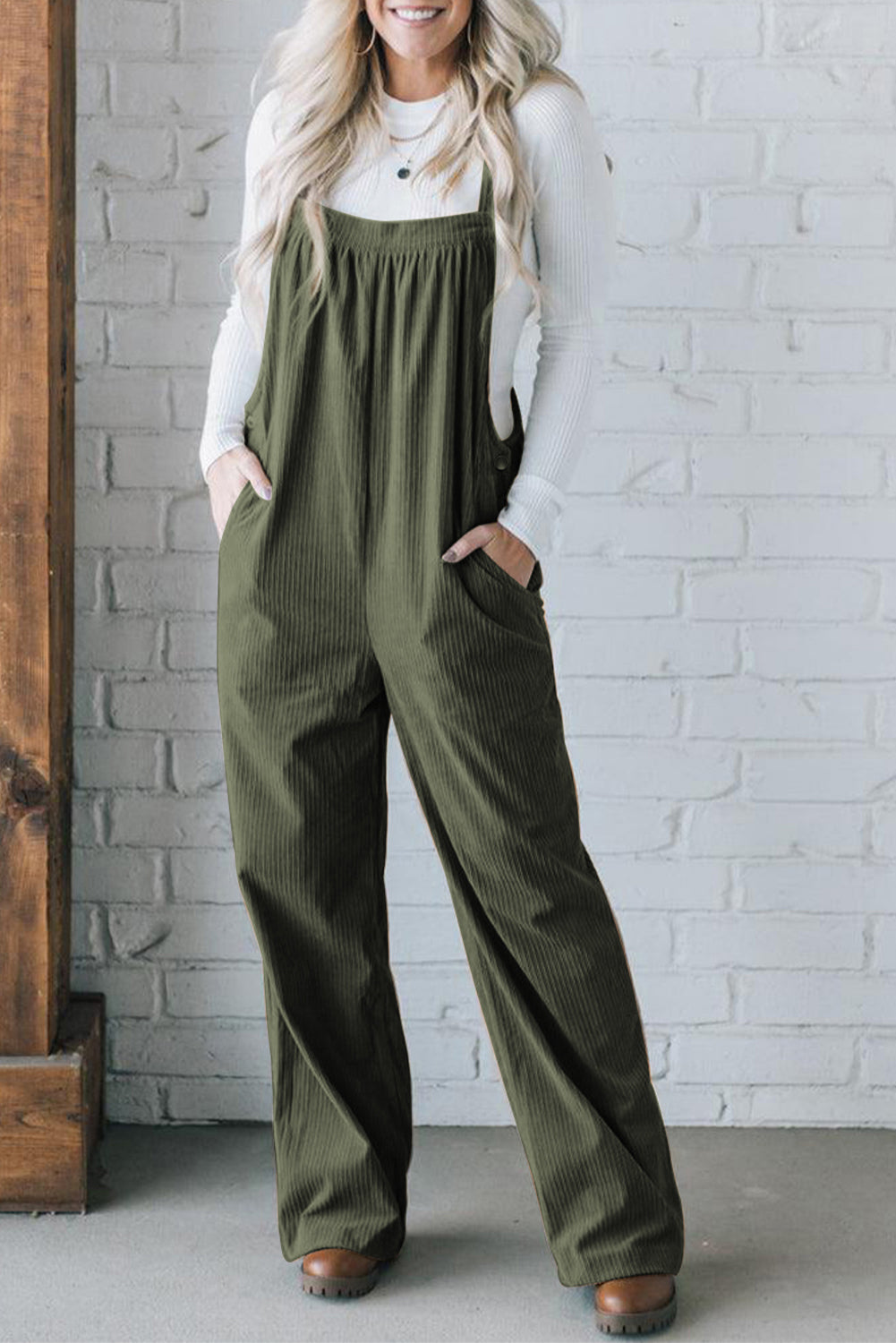 Black Solid Pocketed Loose Fit Corduroy Overall