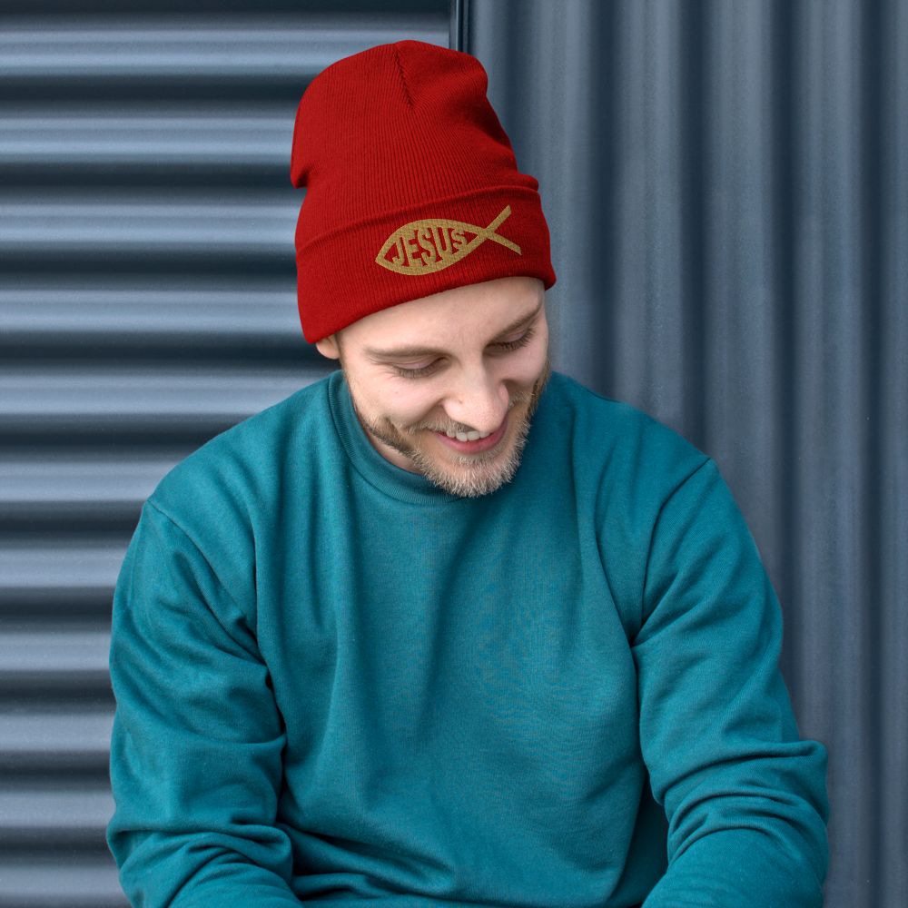 Jesus Embroidered Beanie - Gold