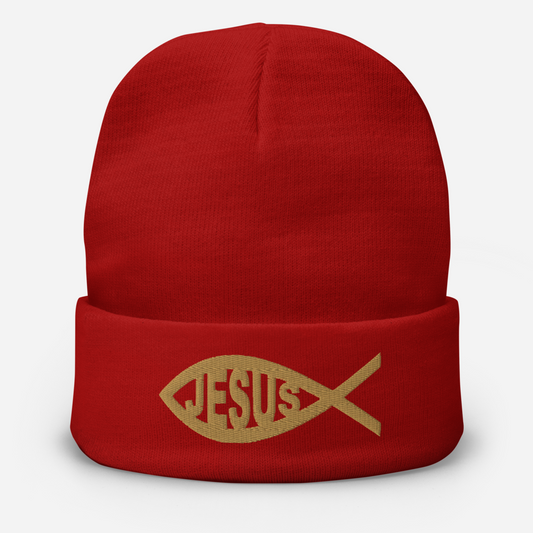 Jesus Embroidered Beanie - Gold