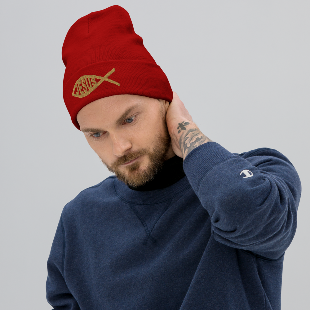 Jesus Embroidered Beanie - Gold