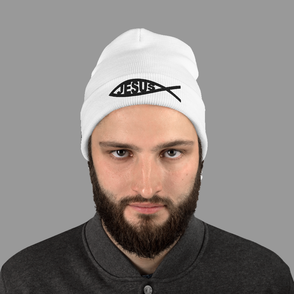 Jesus FISH Embroidered Beanie - White