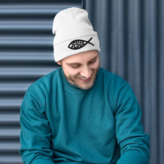 Jesus FISH Embroidered Beanie - White