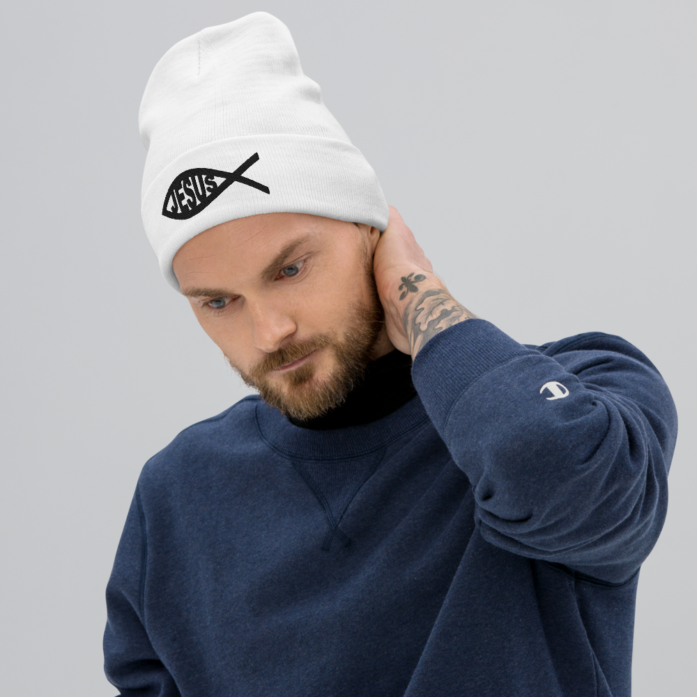 Jesus FISH Embroidered Beanie - White