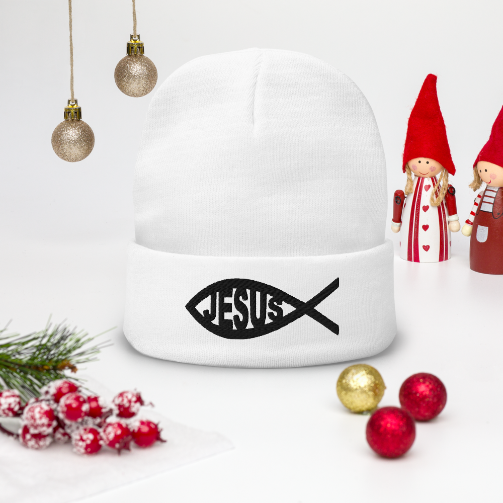 Jesus FISH Embroidered Beanie - White