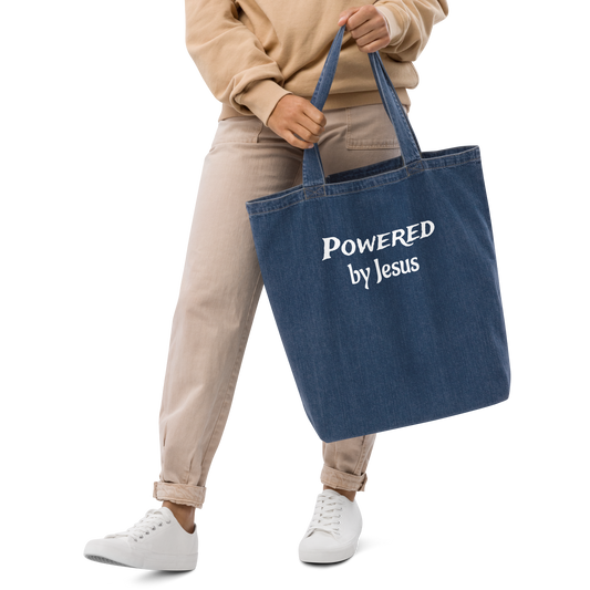 Powered by Jesus Org. Denim Tote Bag